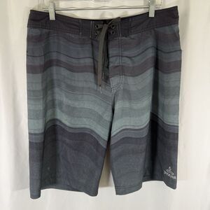 Prana Swim Trunks Men's 34 Grey Black Pull On Drawstring Zip Pocket Board Shorts
